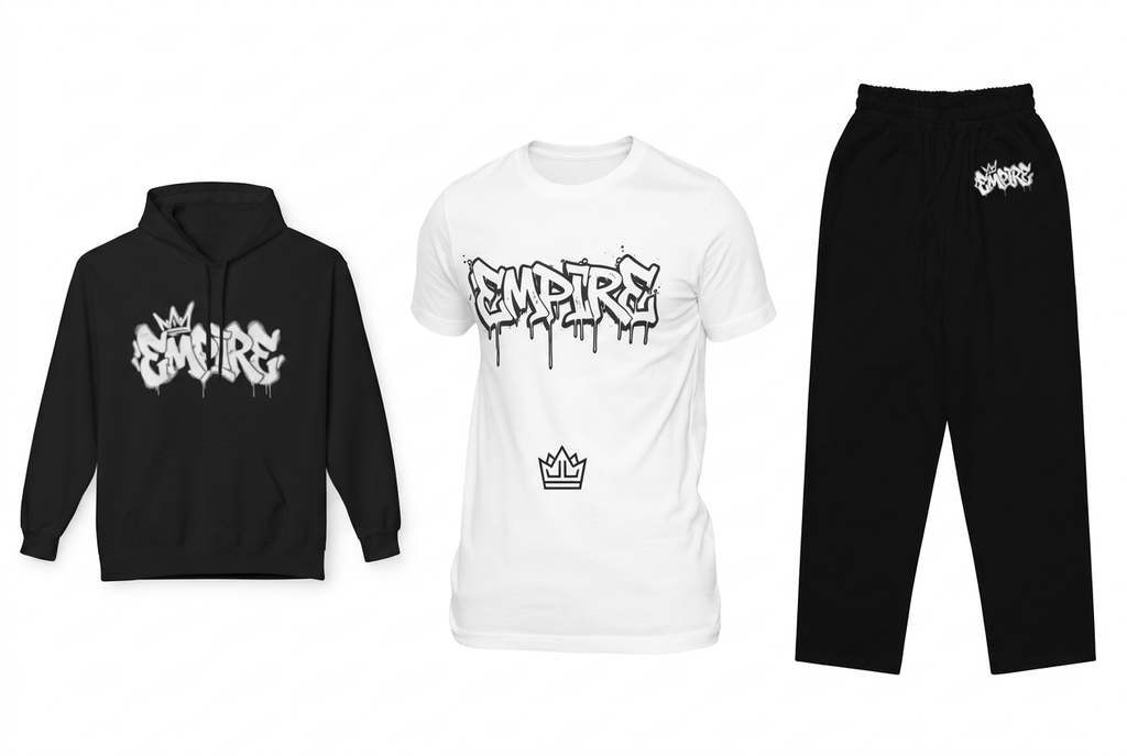 EMPIRE black Graffiti pullover hoodie, white Urban Graffiti T-shirt and black wide-leg pants, separate front views on white.