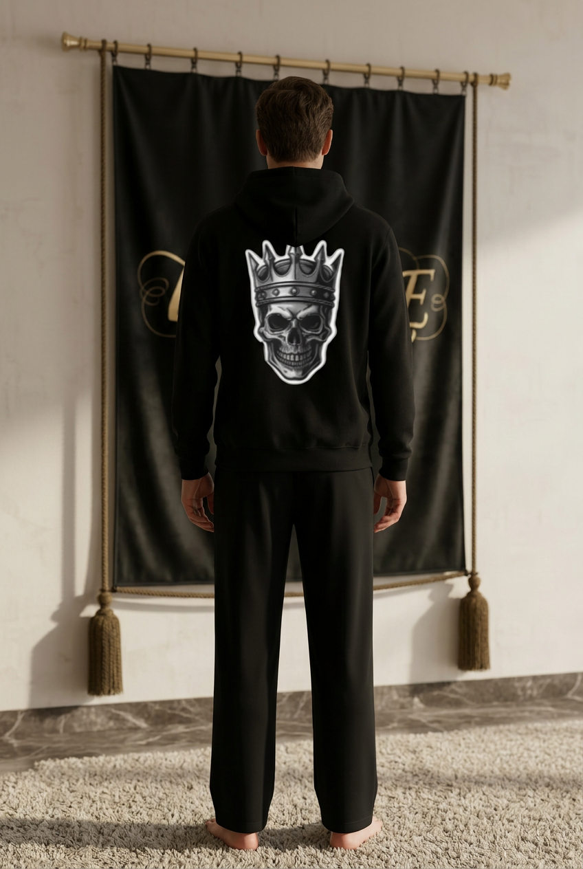 EMPIRE men's black Graffiti pullover hoodie with a grey crowned skull on the back and black wide-leg pants, worn back view.