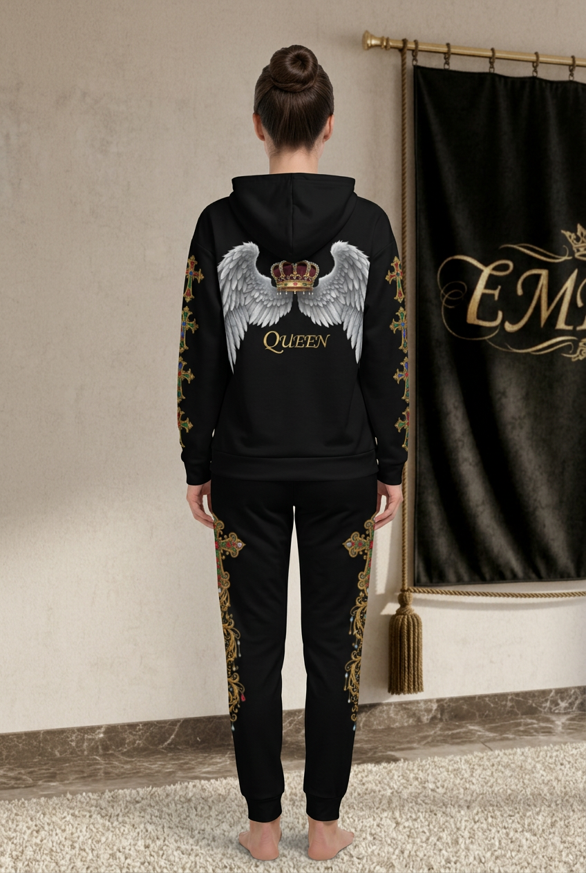 EMPIRE women's Cross Angel hoodie with silver-toned wings, crown and QUEEN lettering and baroque cross joggers, worn back view.