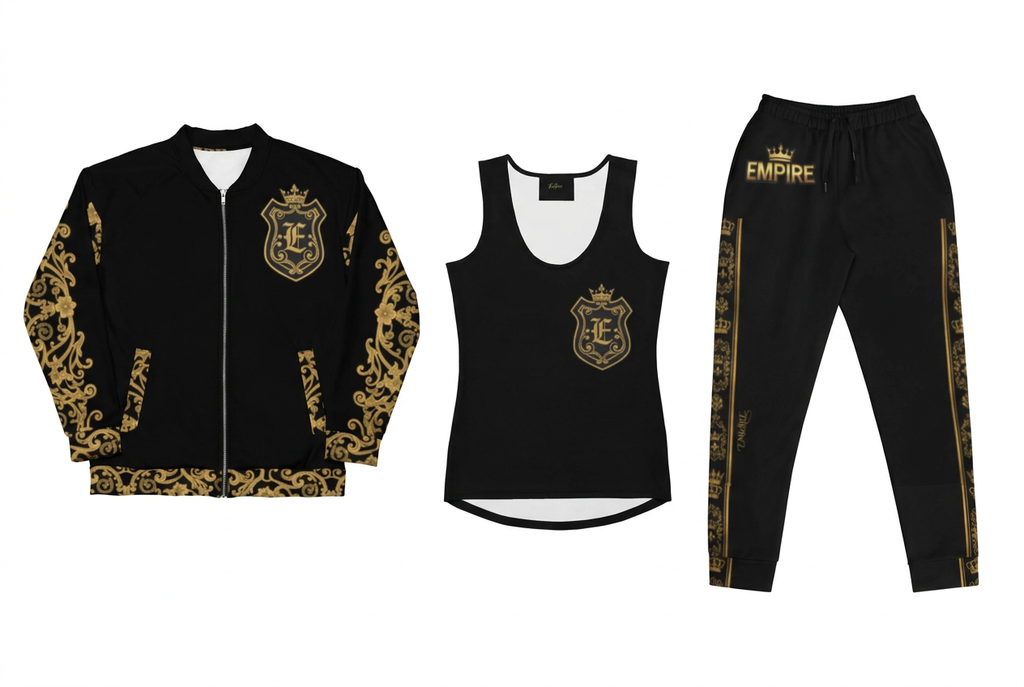 EMPIRE Gold Baroque Shield bomber, tank top and baroque joggers, separate front views.