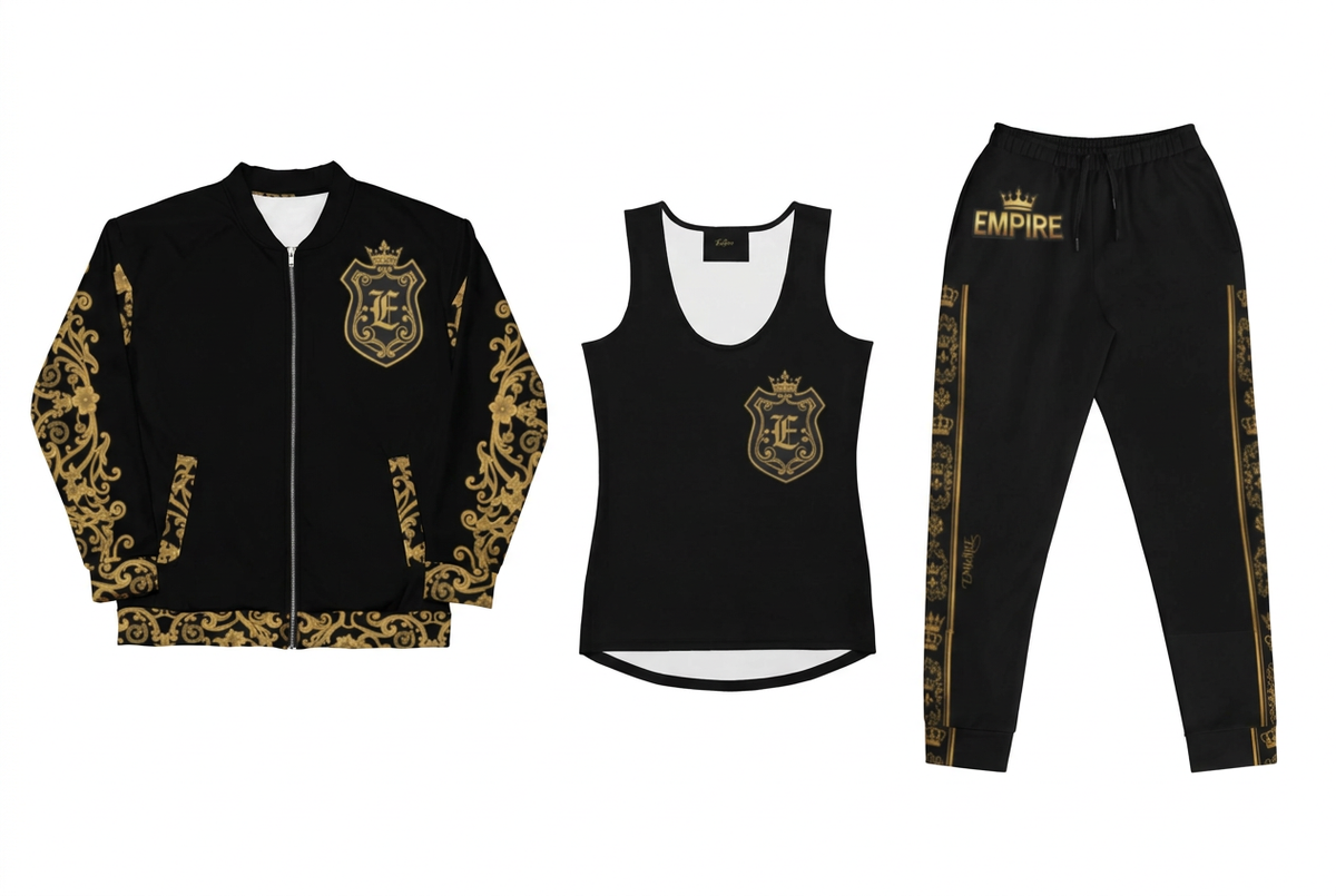 EMPIRE Gold Baroque Shield bomber, tank top and baroque joggers, separate front views.