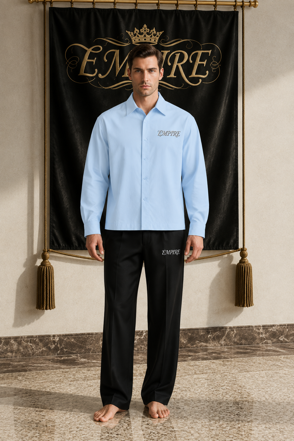 Light blue men's EMPIRE boxy long-sleeve shirt with outlined chest wordmark, front view on barefoot male model