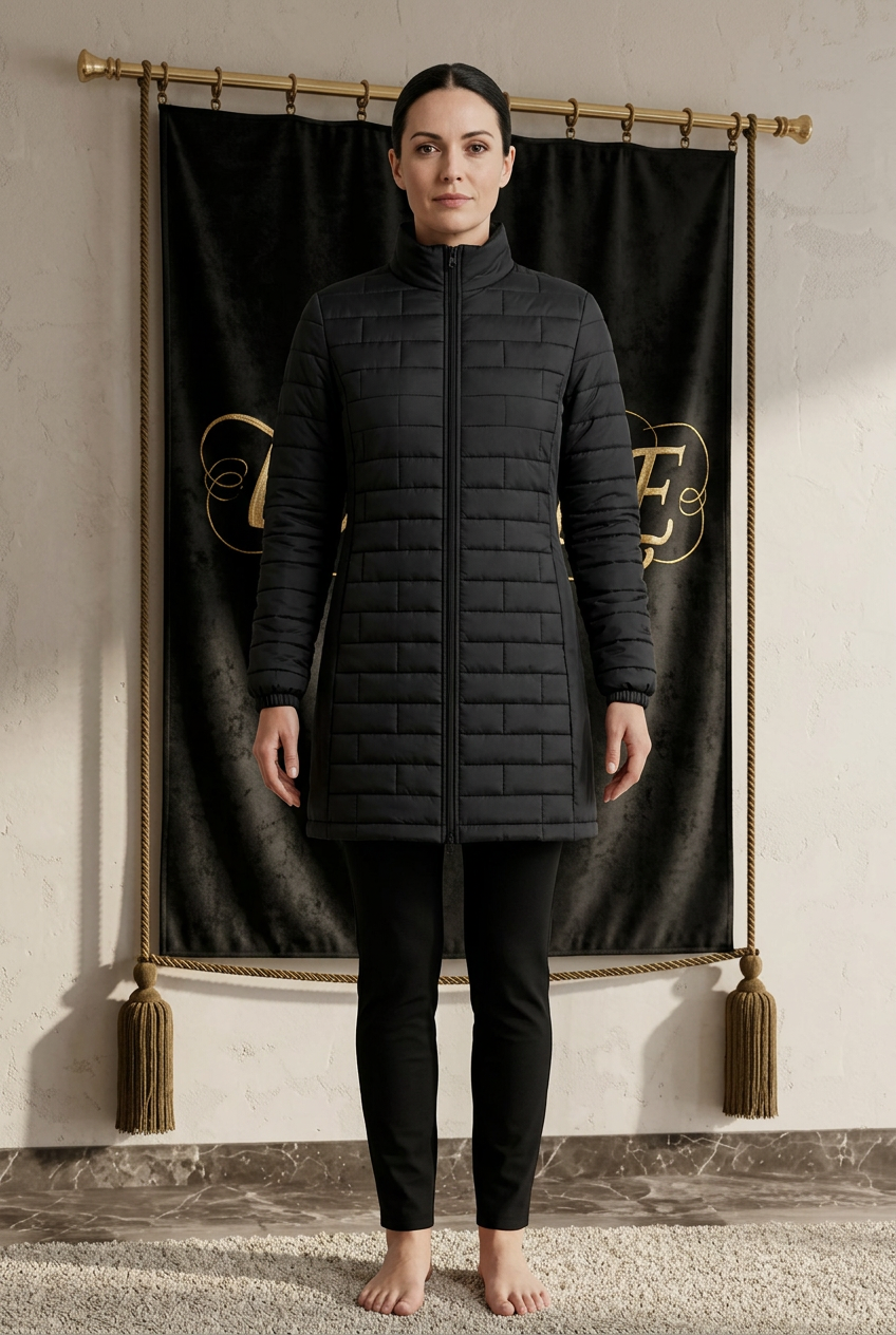 Veste longue matelassée noire femme EMPIRE Lys Signature, devant uni, vue de face portée dans le décor EMPIRE