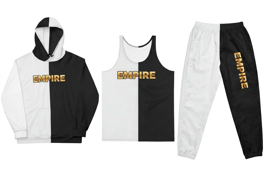 EMPIRE Split Design black-and-white hoodie, tank top and track pants with gold-toned branding, separate front views on white.
