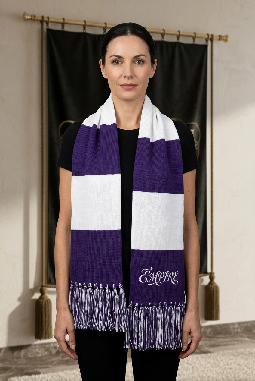 Écharpe femme EMPIRE Team Spirit à bandes violettes et blanches, franges bicolores et broderie blanche, portée dans le décor EMPIRE