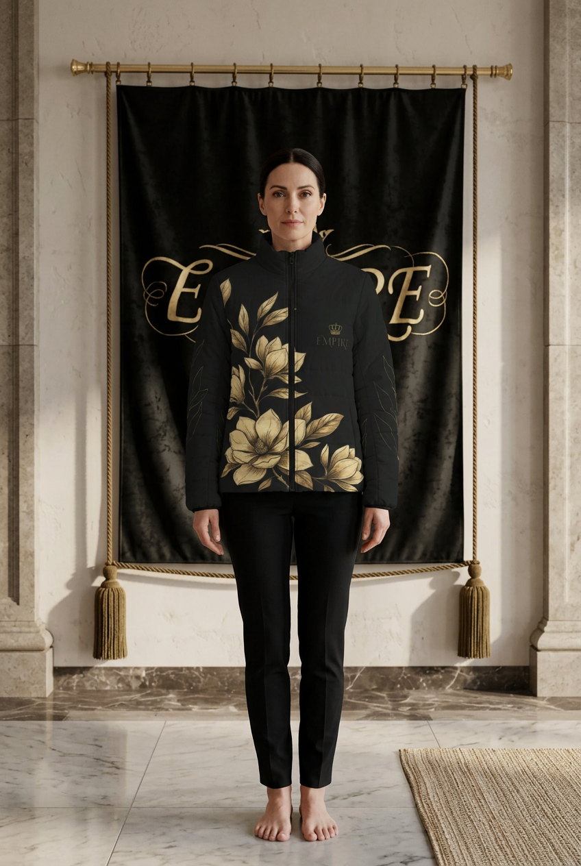 Doudoune noire femme EMPIRE Imperial Magnolia à fleurs dorées, vue de face portée dans le décor EMPIRE