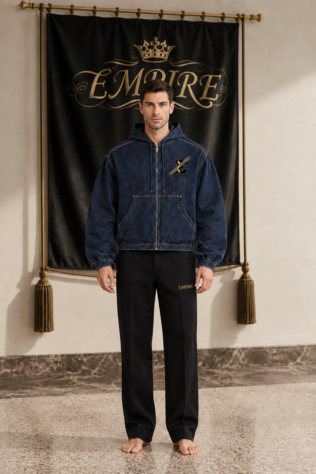 EMPIRE men's dark indigo hooded denim jacket with black and gold chest emblem, front view on barefoot male model
