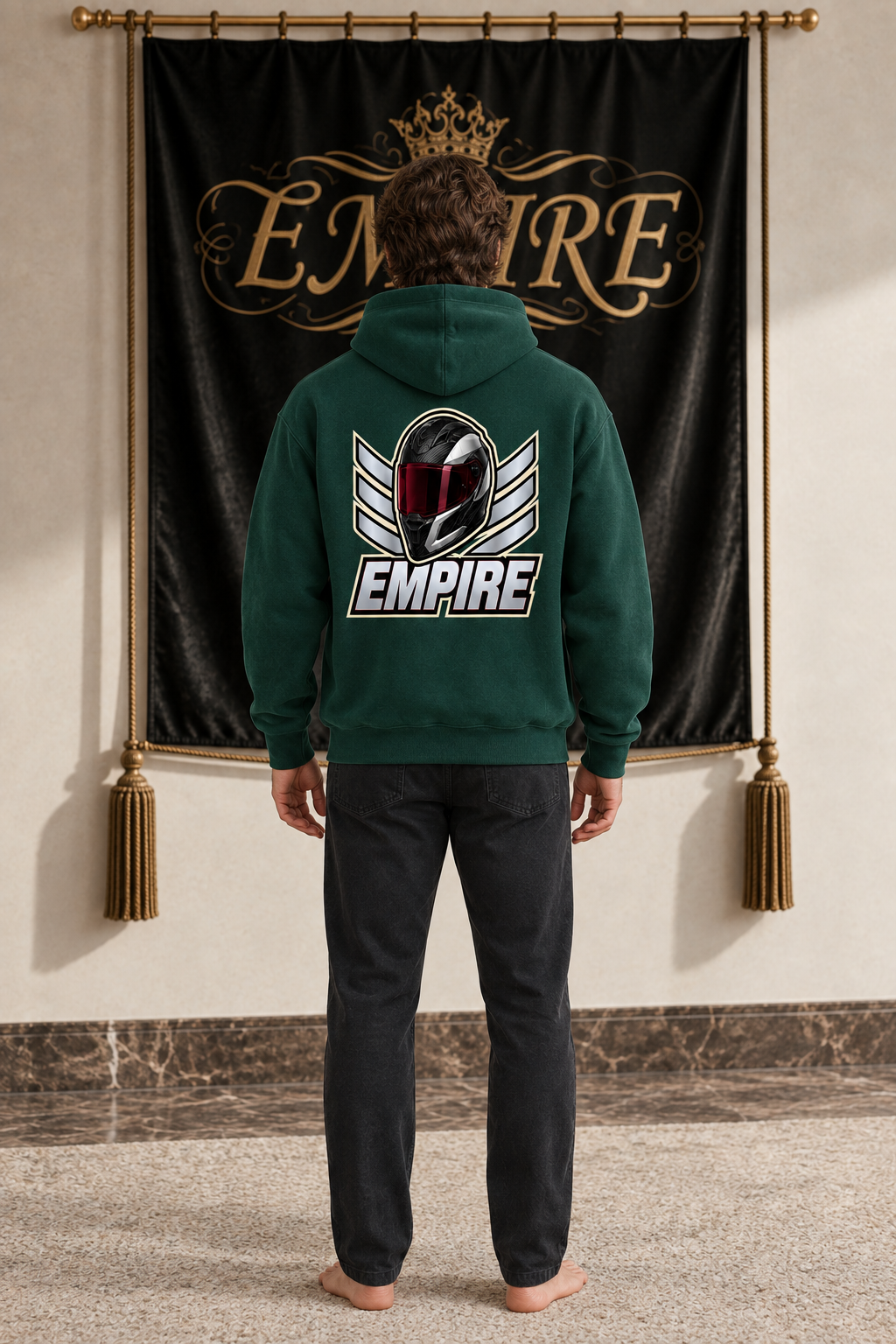 Dark forest-green men's EMPIRE Apex Helmet heavyweight cotton hoodie with winged helmet and large EMPIRE back graphic, back view