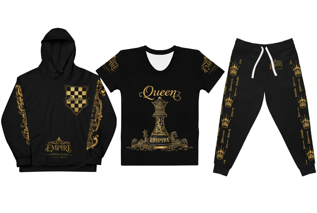 EMPIRE women's Chess Club hoodie, Queen chess T-shirt and Crown & Chess Piece joggers, separate front views.