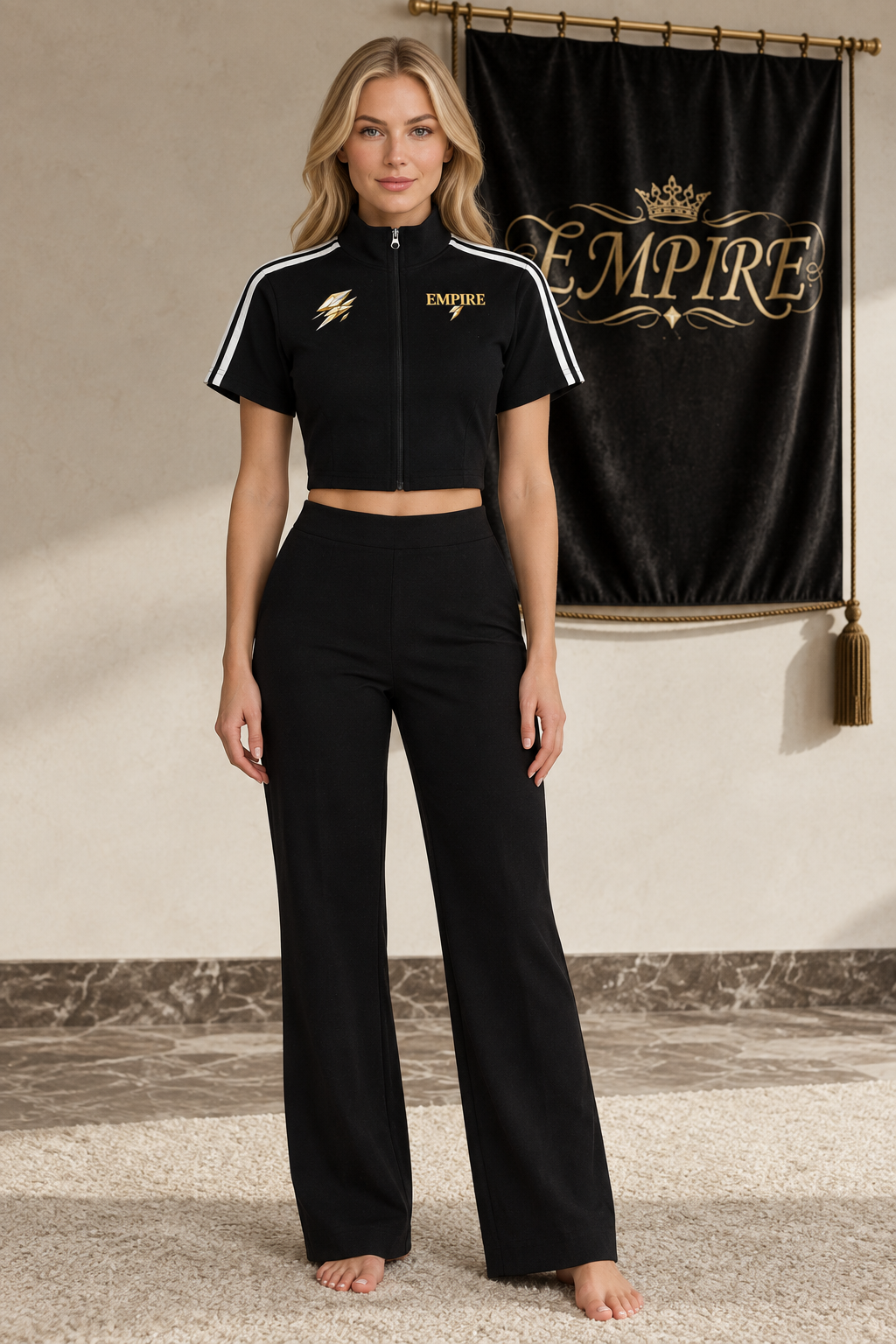 Top cropped femme EMPIRE Voltage Prism noir à zip intégral, col montant, bandes blanches et motifs dorés sur la poitrine, vue de face sur mannequin