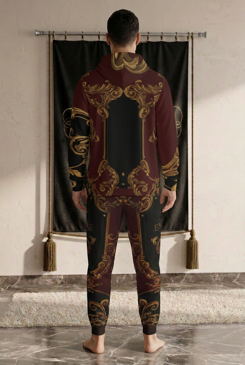 Hoodie EMPIRE Baroque Ornament porté avec le jogger assorti, capuche baissée, vue de dos dans le décor EMPIRE