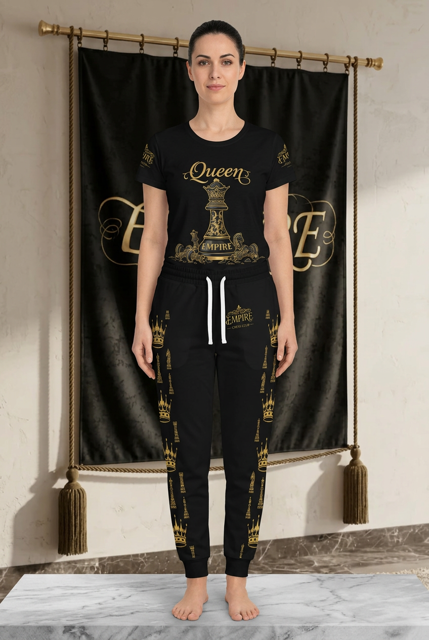 Jogger femme EMPIRE Crown & Chess Piece porté avec le t-shirt Queen, vue de face dans le décor EMPIRE