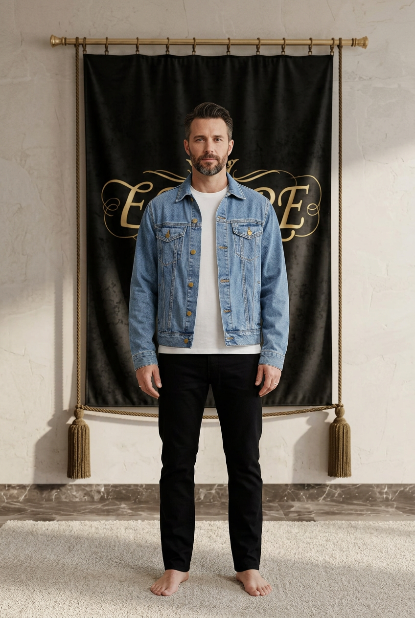 Veste denim bleu délavé homme EMPIRE Imperial Eagle, devant sans motif, vue de face portée ouverte sur un t-shirt blanc