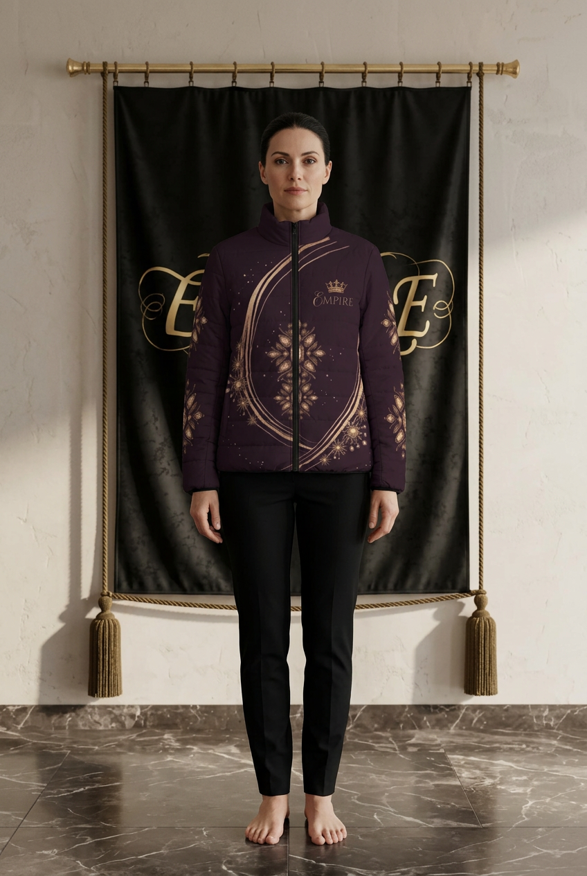 Doudoune femme EMPIRE Celestial Radiance prune sombre à ornements dorés, vue de face portée dans le décor EMPIRE