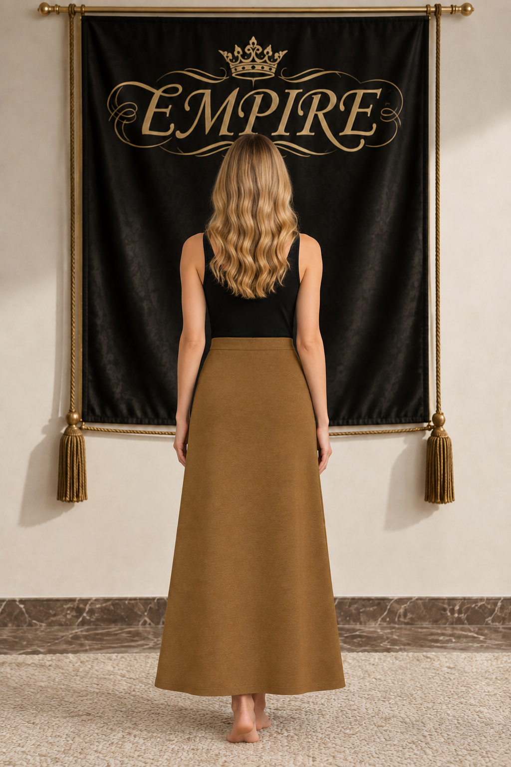 Jupe longue femme EMPIRE Hem Magnolia brun ocre, dos uni et coupe légèrement évasée, vue arrière portée avec haut noir