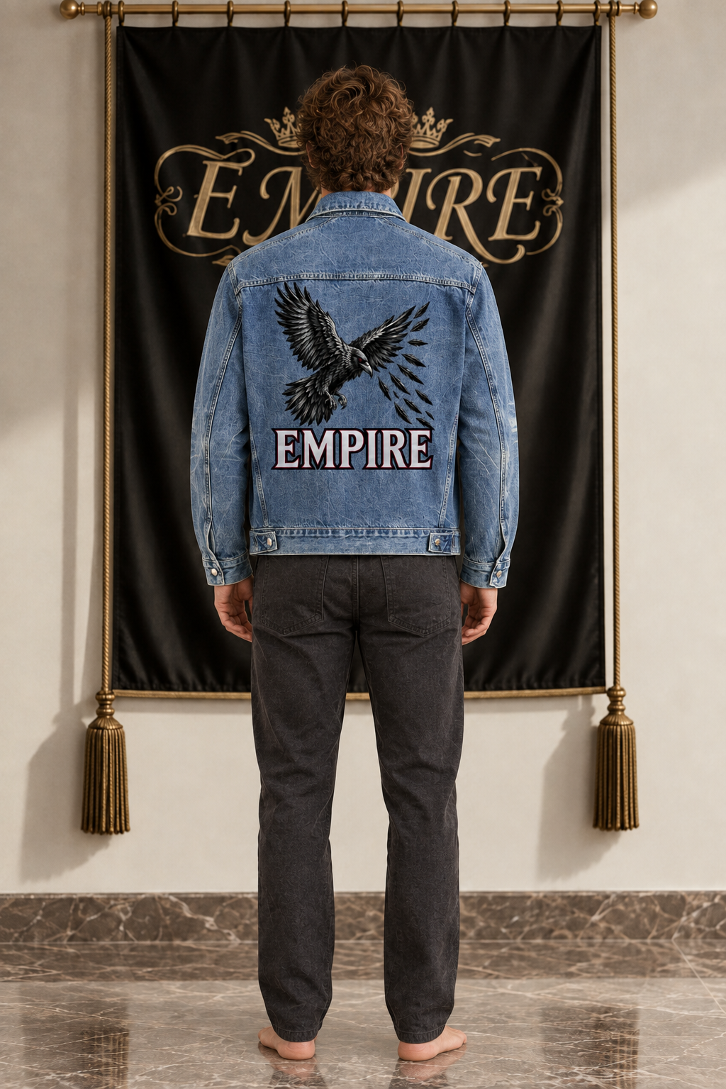 Light blue vintage-wash denim men's EMPIRE Flight Raven jacket with flying raven and feather fragments, back view