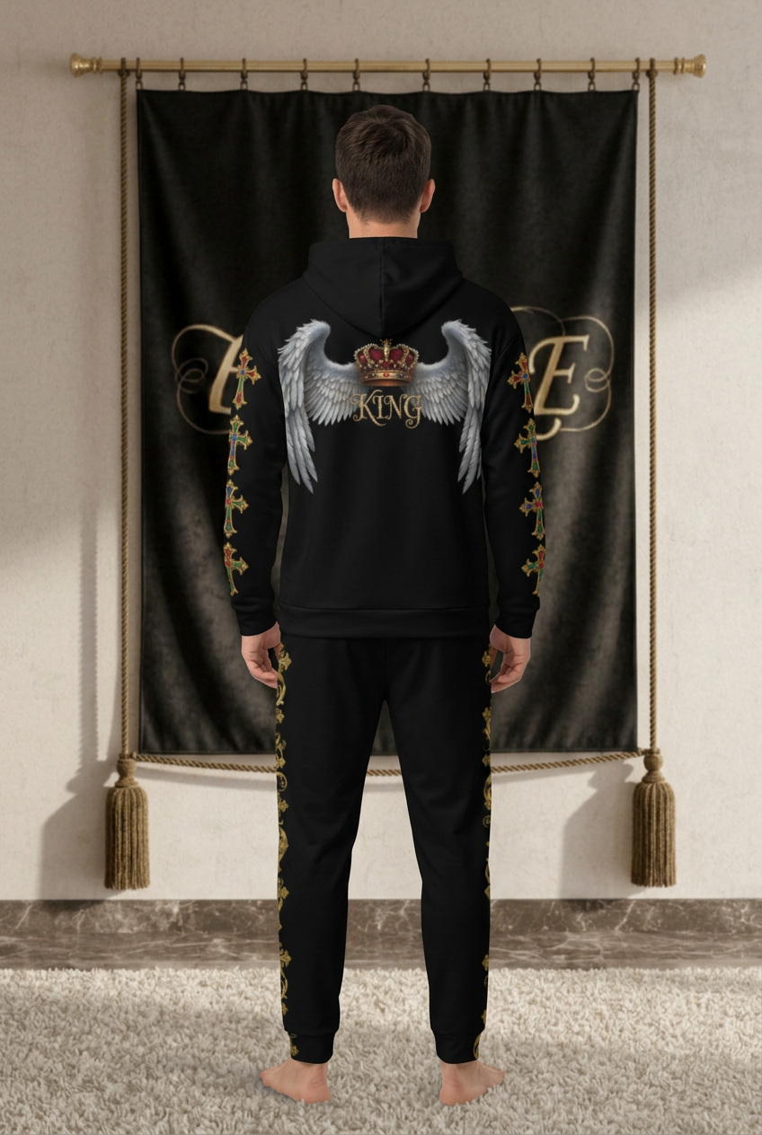 EMPIRE King Cross men's black hoodie with silver-toned wings, crown and KING design, and matching joggers, worn back view.