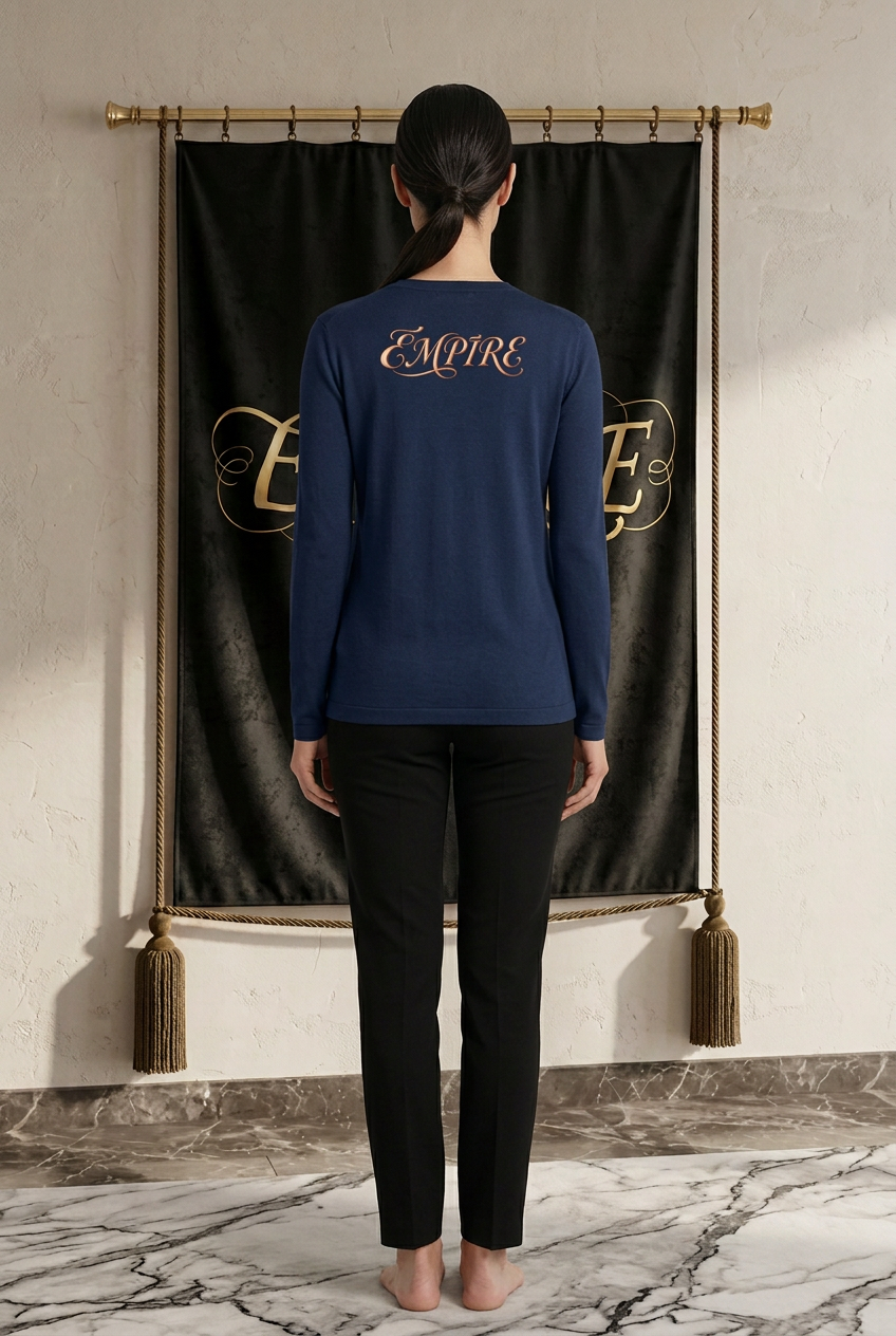 Cardigan bleu marine femme avec signature EMPIRE cuivrée dans le haut du dos, vue arrière portée dans le décor EMPIRE