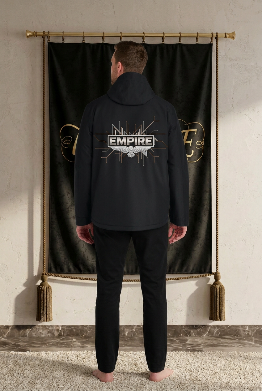 Veste homme EMPIRE Ripstop noire à capuche, motif EMPIRE et aigle métallique au dos, vue arrière portée
