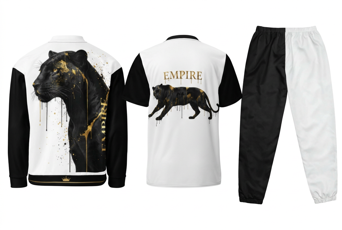 EMPIRE Panther men's bomber jacket, sports jersey and black-and-white track pants, back views without a model on a white background.