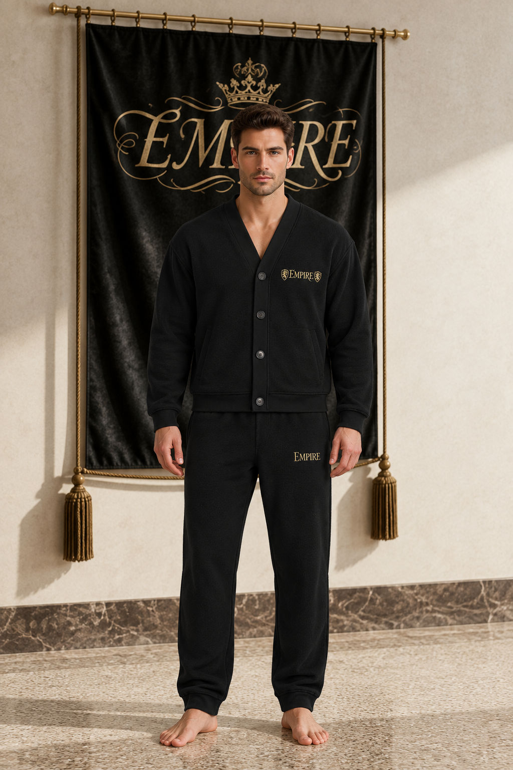 Black men's EMPIRE fleece button cardigan with small gold heraldic chest wordmark, front view on barefoot male model