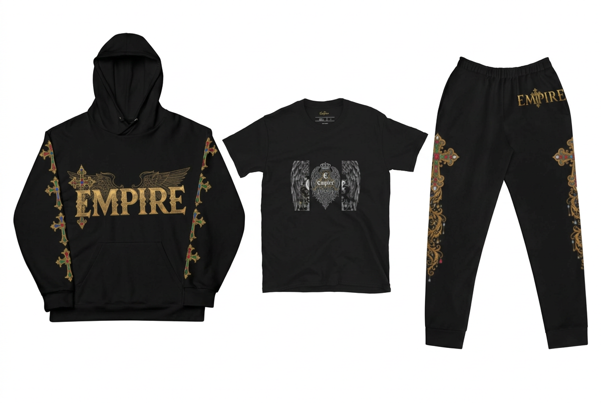 EMPIRE Cross Angel Queen hoodie, Queen Shield T-shirt and baroque cross joggers, separate front views.