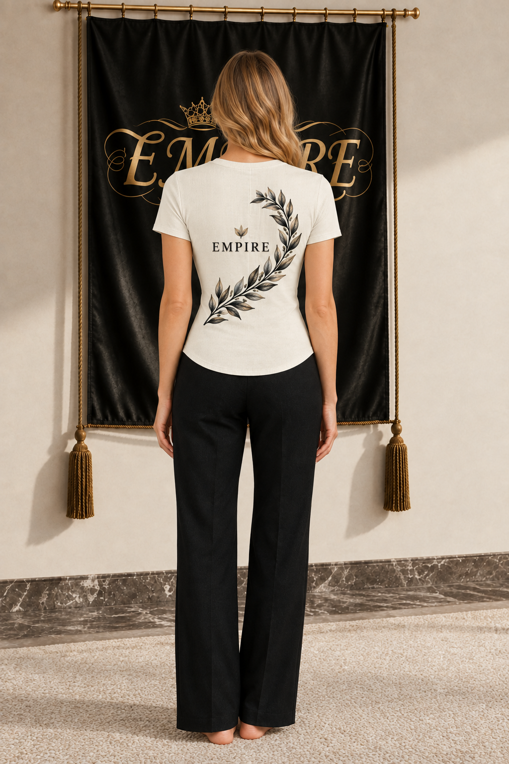 Ivory women's fitted ribbed Henley shirt with asymmetrical laurel branch and EMPIRE wordmark on the back