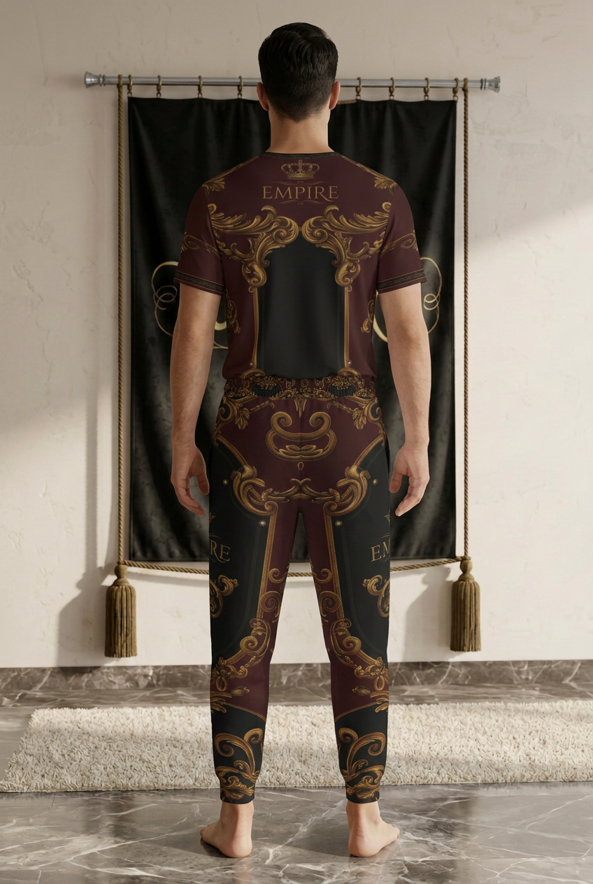 Jogger homme EMPIRE Baroque Ornament porté avec son t-shirt assorti, vue de dos dans le décor EMPIRE