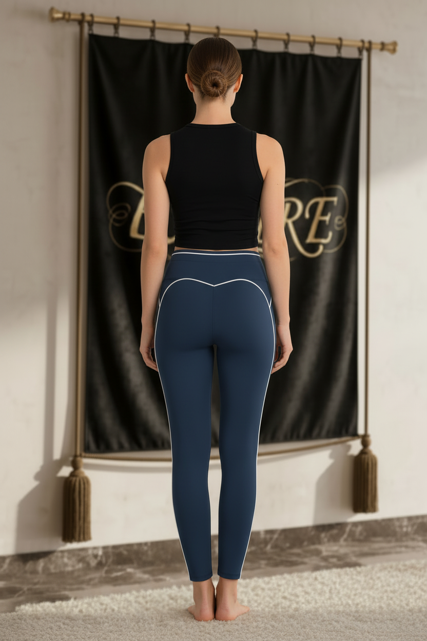 Femme portant un legging EMPIRE bleu marine taille haute avec surpiqûres courbes blanches, sans logo au dos, vue arrière.