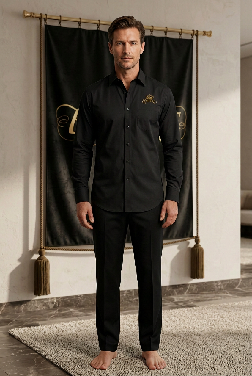 Chemise noire homme EMPIRE Crest à manches longues, couronne et signature dorées au-dessus de la poche poitrine gauche, vue de face portée