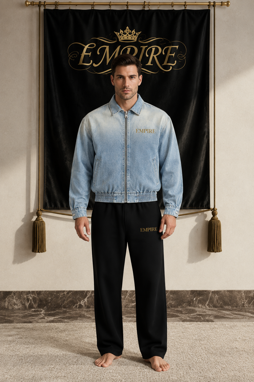 Light blue men's EMPIRE vintage-wash denim jacket with gold chest wordmark, front view on barefoot male model