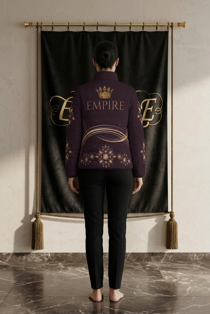 Doudoune femme EMPIRE Celestial Radiance prune sombre, couronne et inscription EMPIRE avec ornements dorés au dos, vue arrière portée