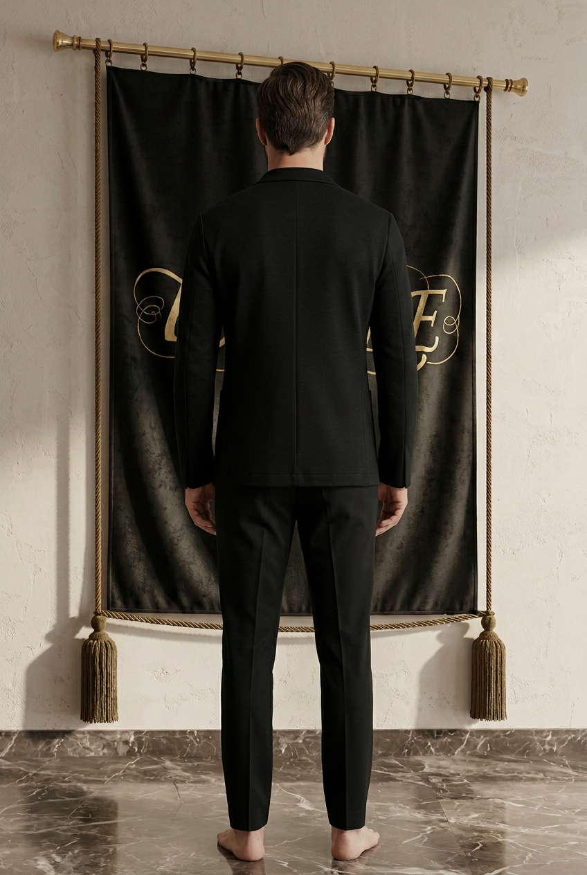 Blazer noir homme EMPIRE Stretch Knit, dos uni, vue arrière portée dans le décor EMPIRE