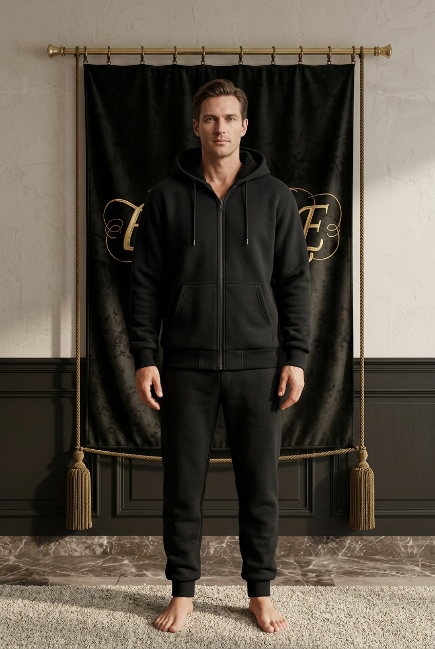 Hoodie noir homme EMPIRE doublé sherpa à fermeture zippée, devant uni, vue de face portée