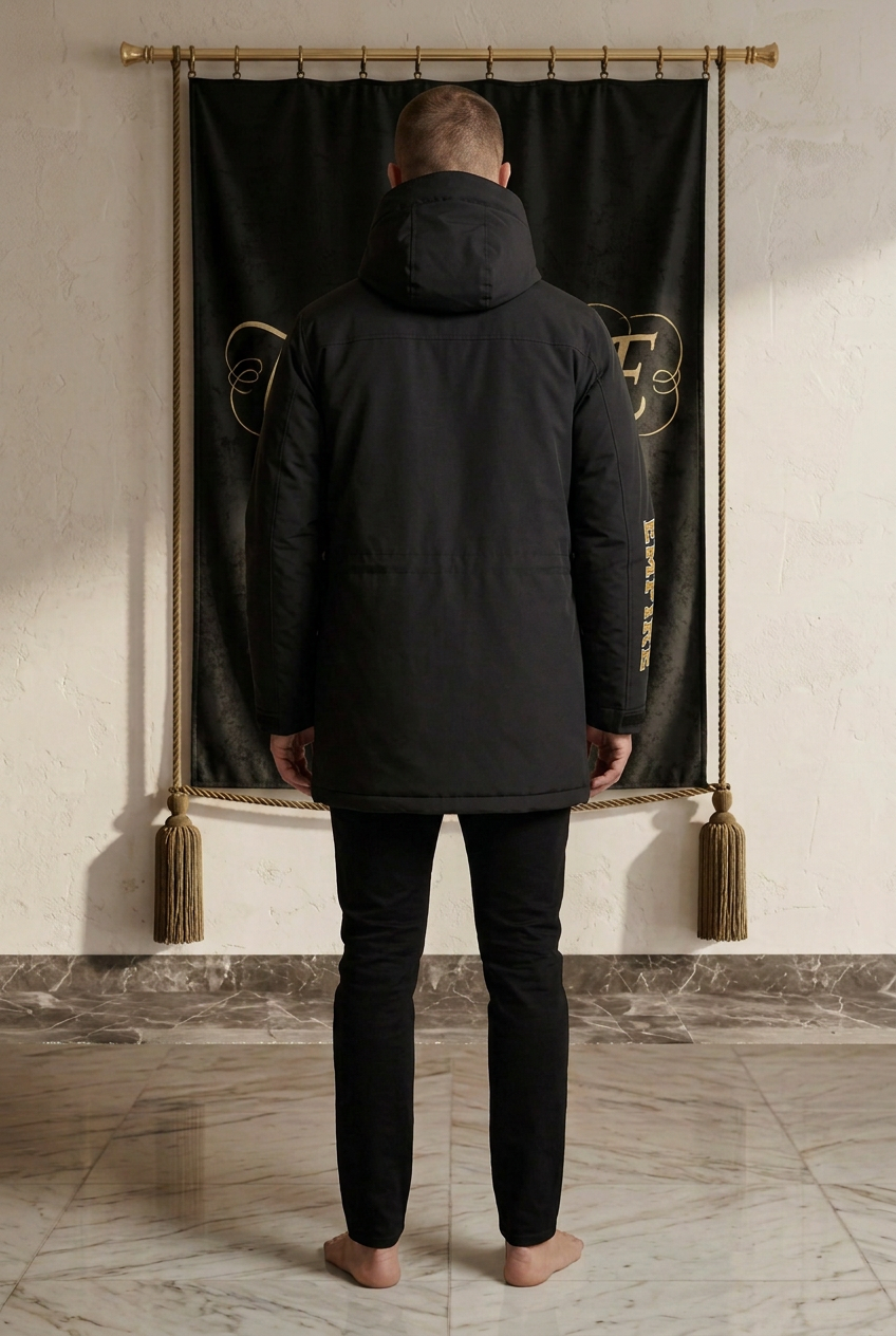 Parka noire homme EMPIRE Excursion, dos uni et marquage doré sur la manche droite, vue arrière portée