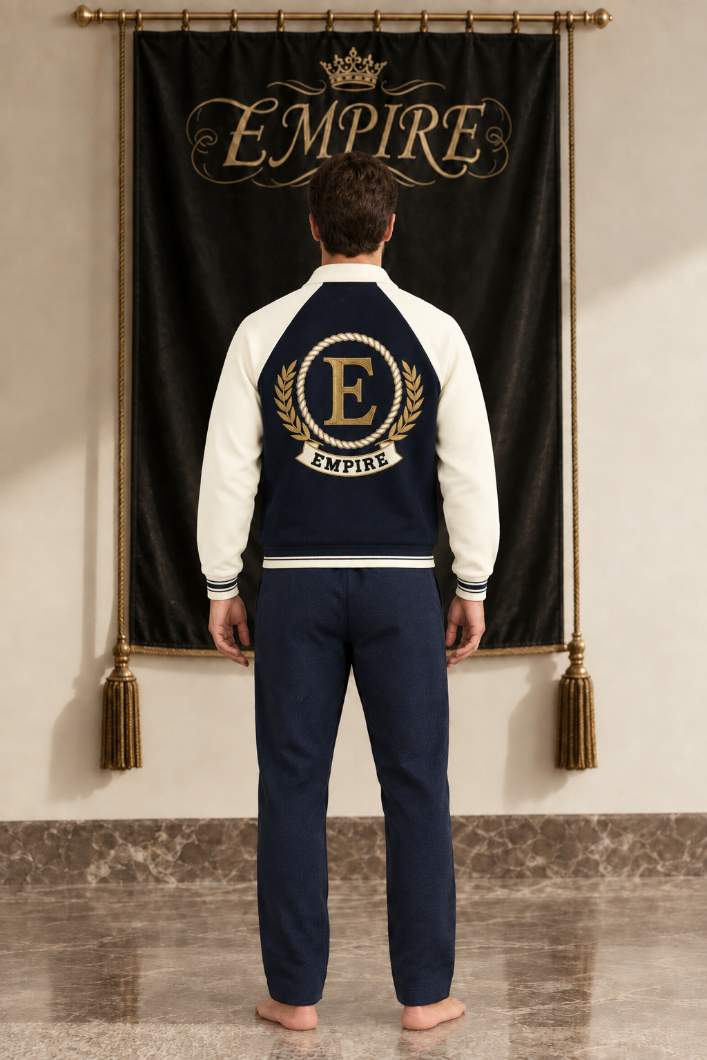 Navy and ivory men's EMPIRE raglan-sleeve baseball jacket with gold E crest and laurel back graphic, rear view on barefoot male model