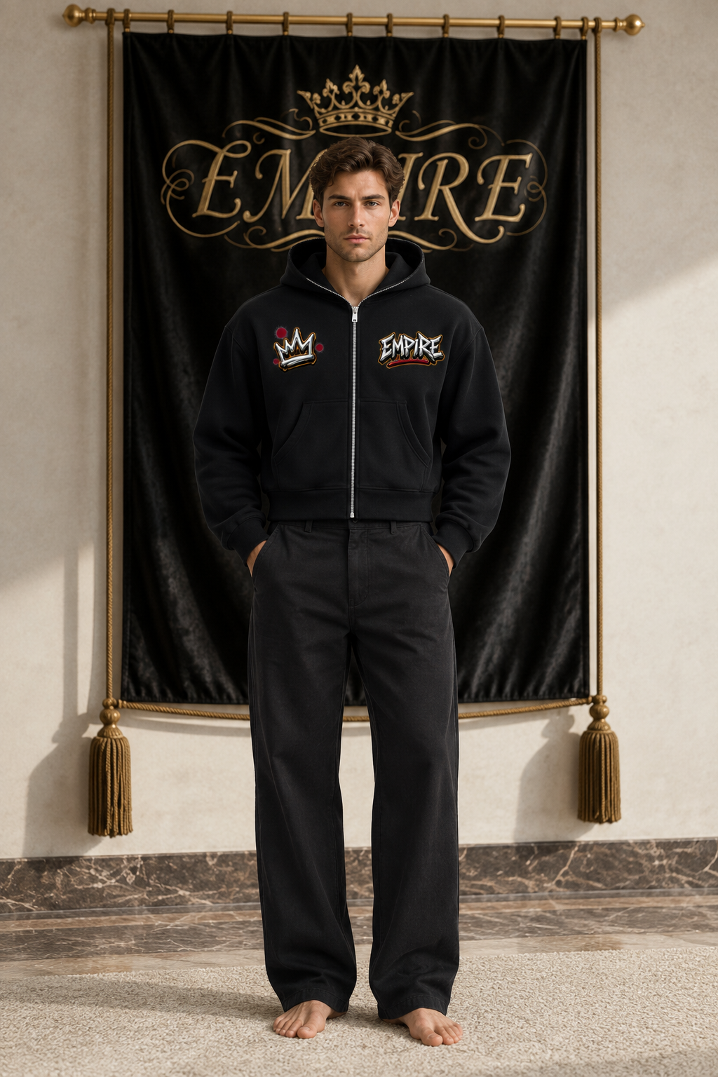 Black men's EMPIRE Chrome Tag cropped fleece zip-up hoodie with metallic crown and chest wordmark, front view