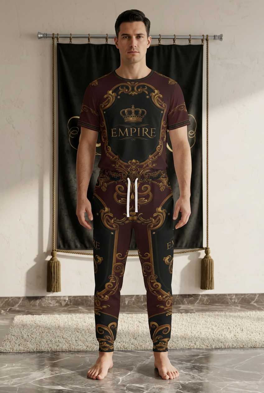Jogger homme EMPIRE Baroque Ornament bordeaux, noir et doré porté avec son t-shirt assorti, vue de face dans le décor EMPIRE