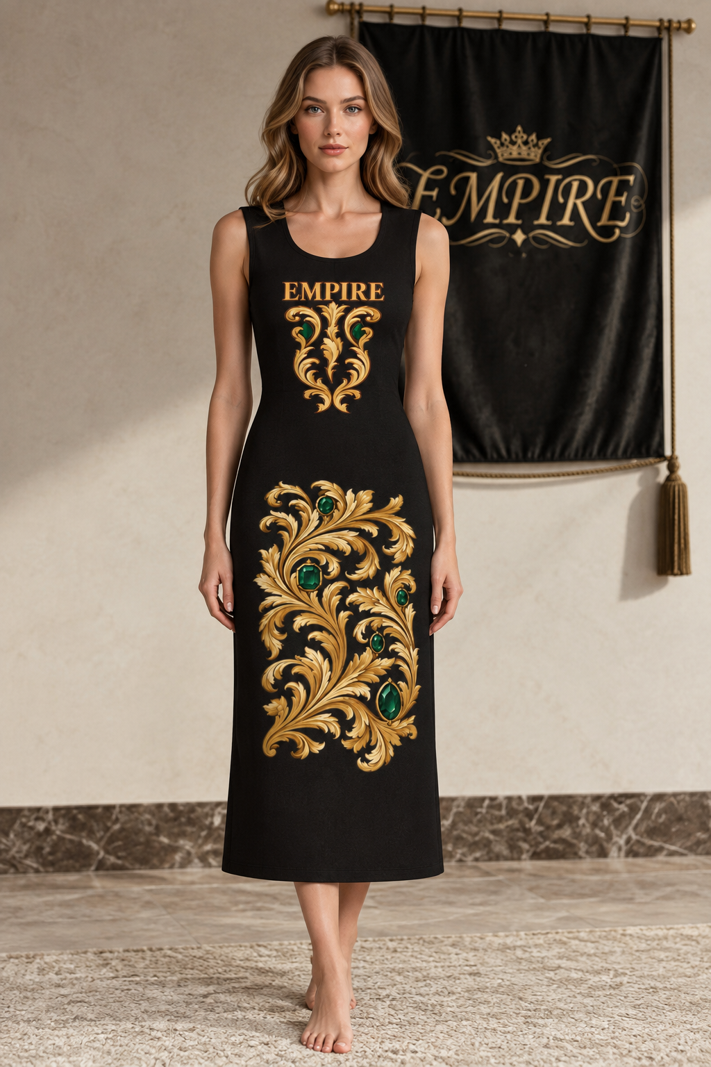 Robe femme EMPIRE Green Emeraude noire sans manches, ornements baroques dorés et accents vert émeraude devant, vue de face sur mannequin
