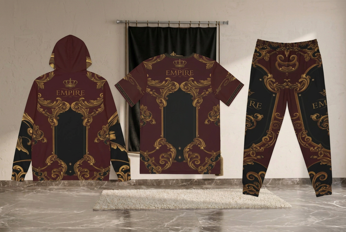 EMPIRE Baroque Ornament pullover hoodie, T-shirt and joggers shown separately, back views.