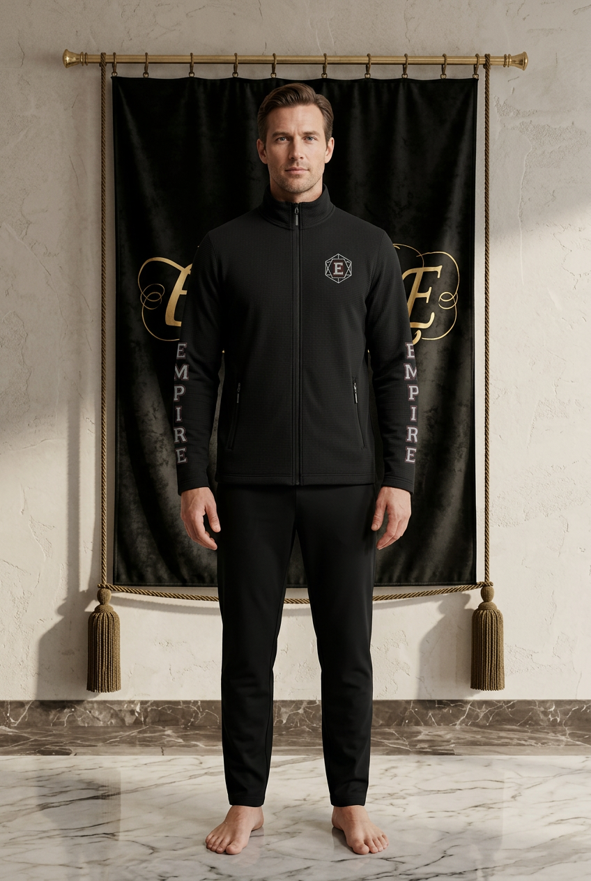 Veste polaire noire homme EMPIRE Minimal Monogram, monogramme poitrine et lettres EMPIRE aux deux manches, vue de face portée