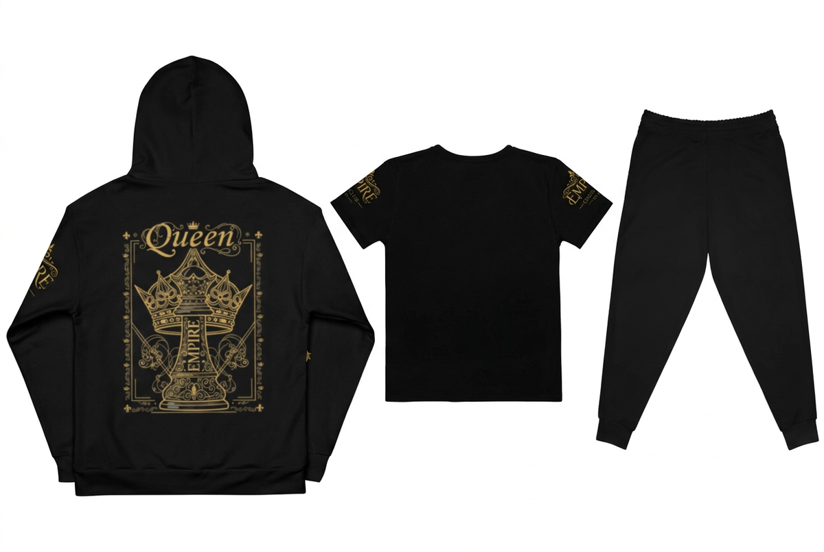 EMPIRE women's Chess Club hoodie, Queen T-shirt and joggers, separate back views showing framed queen artwork on the hoodie.