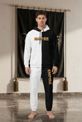 EMPIRE men's Split Design black-and-white hoodie and track pants with gold-toned lettering, worn front view.