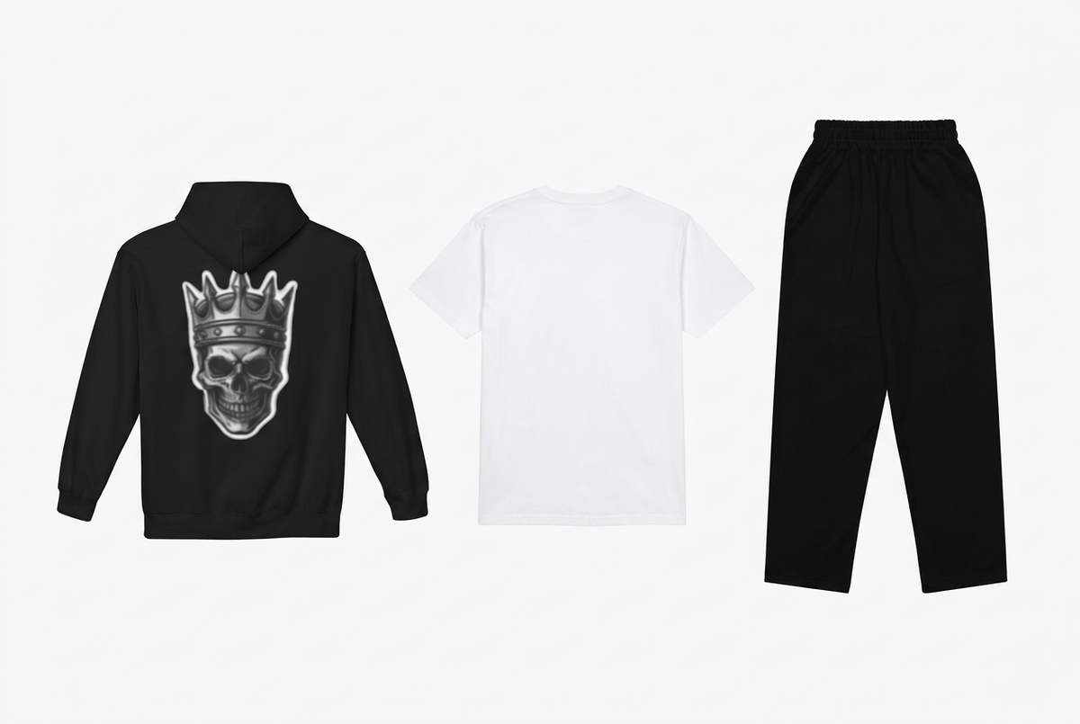 EMPIRE Graffiti pullover hoodie with crowned skull, plain white T-shirt and plain black wide-leg pants, separate back views on white.