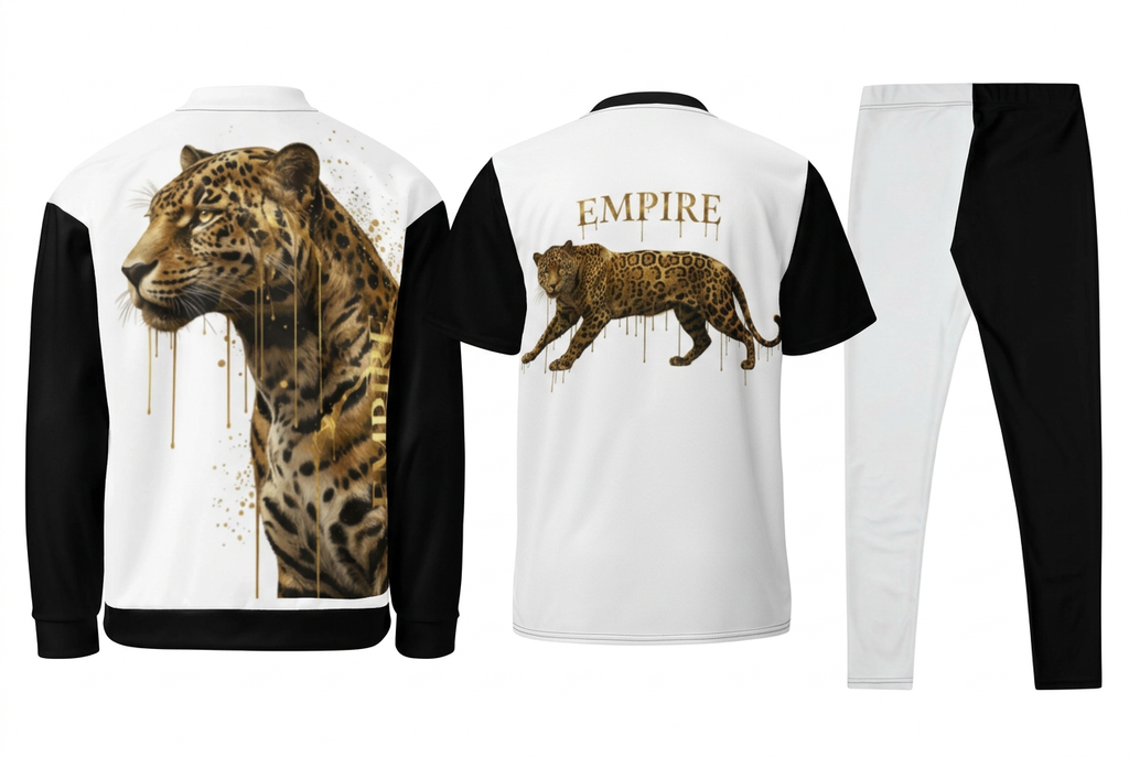 EMPIRE Luxury Leopard bomber jacket, sports jersey and leggings, separate back views.