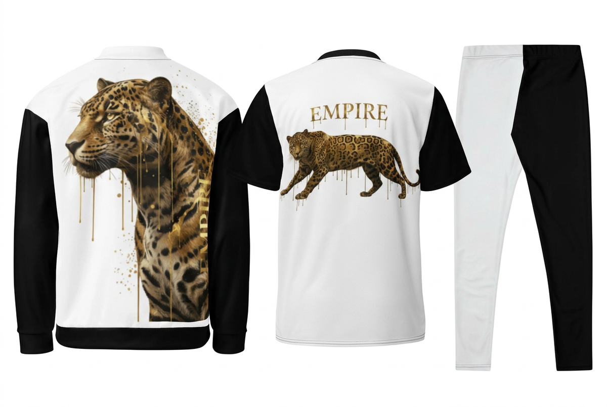 EMPIRE Luxury Leopard bomber jacket, sports jersey and leggings, separate back views.