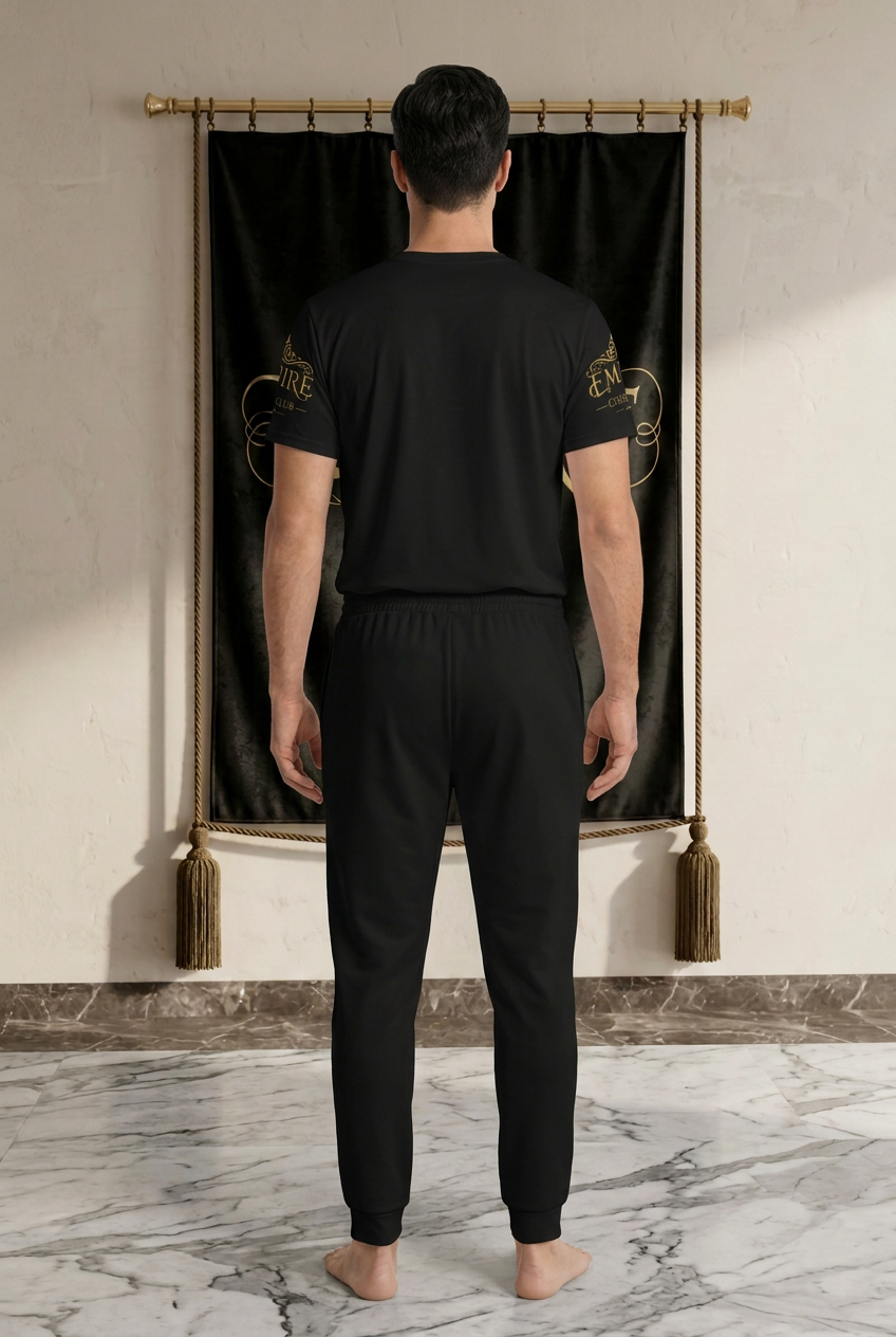 Jogger noir homme EMPIRE Chess Inspired Gold porté avec le t-shirt Empire Chess, vue de dos dans le décor EMPIRE