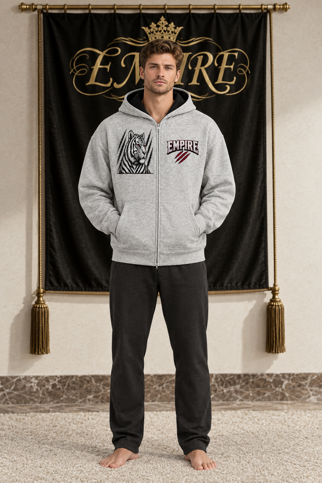 Light grey men's EMPIRE Iron Tiger Fragmenté drop-shoulder zip hoodie with fragmented tiger chest graphic and red claw wordmark, front view