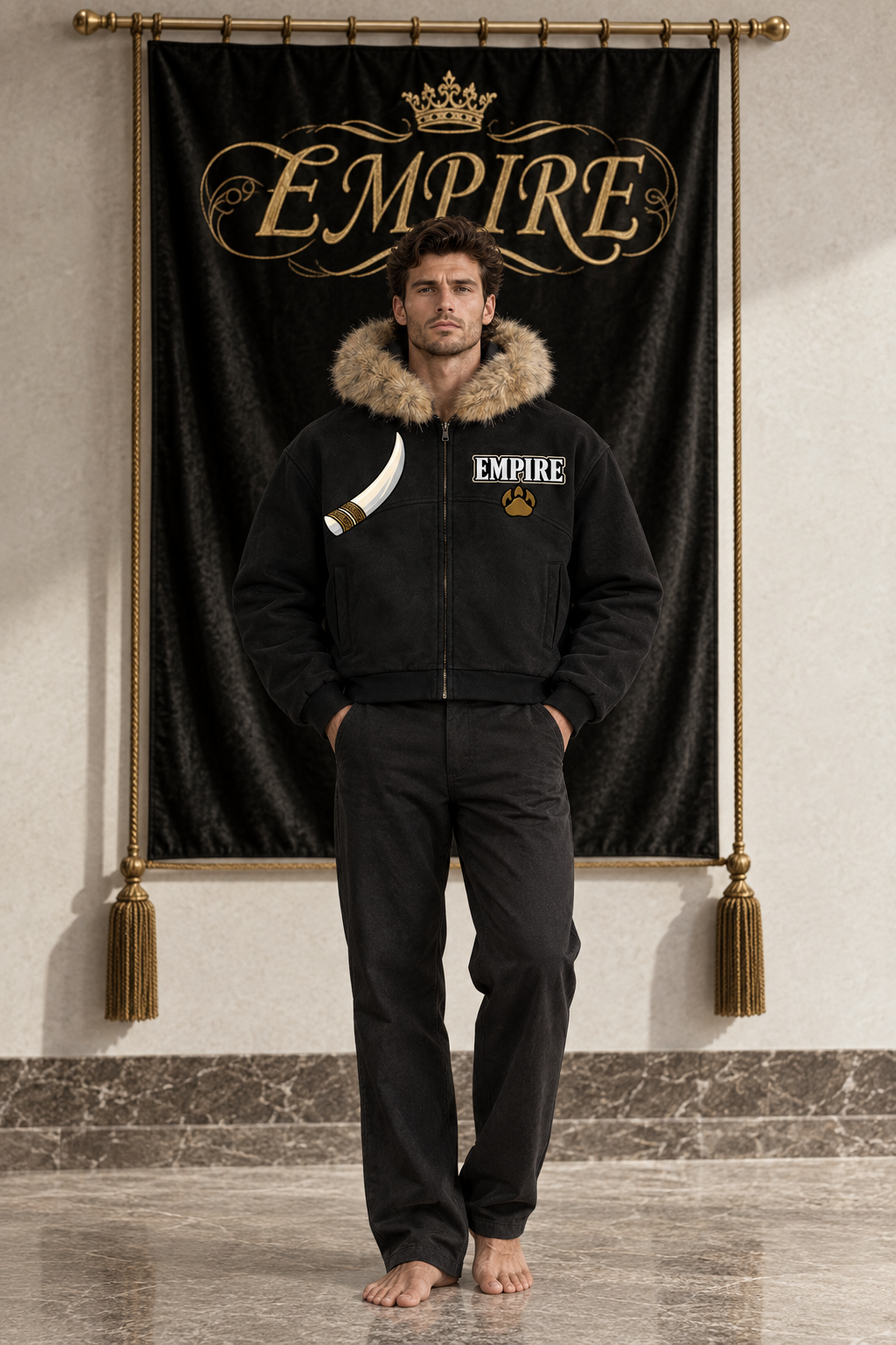 Black men's EMPIRE Ice Mammoth boxy hoodie with beige detachable fur trim, white and gold tusk, and chest paw graphic, front view