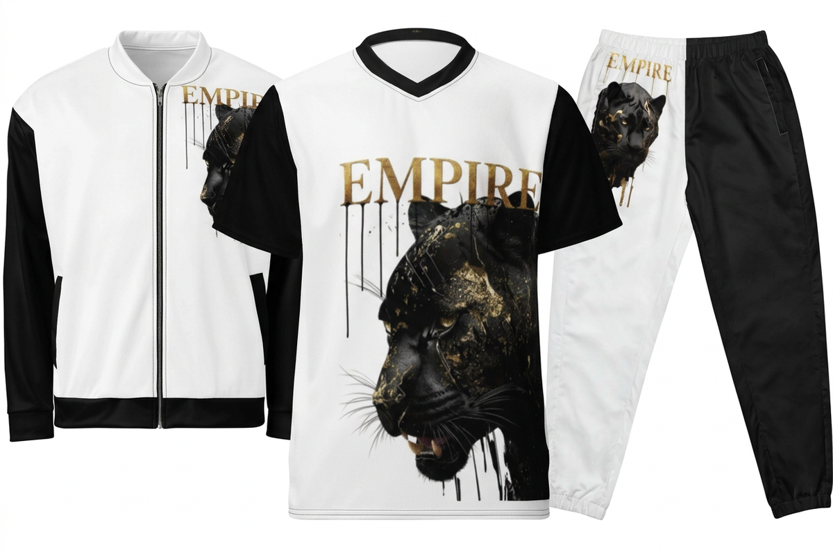 EMPIRE Panther men's bomber jacket, sports jersey and track pants in black and white with gold-toned details, front views without a model on a white background.
